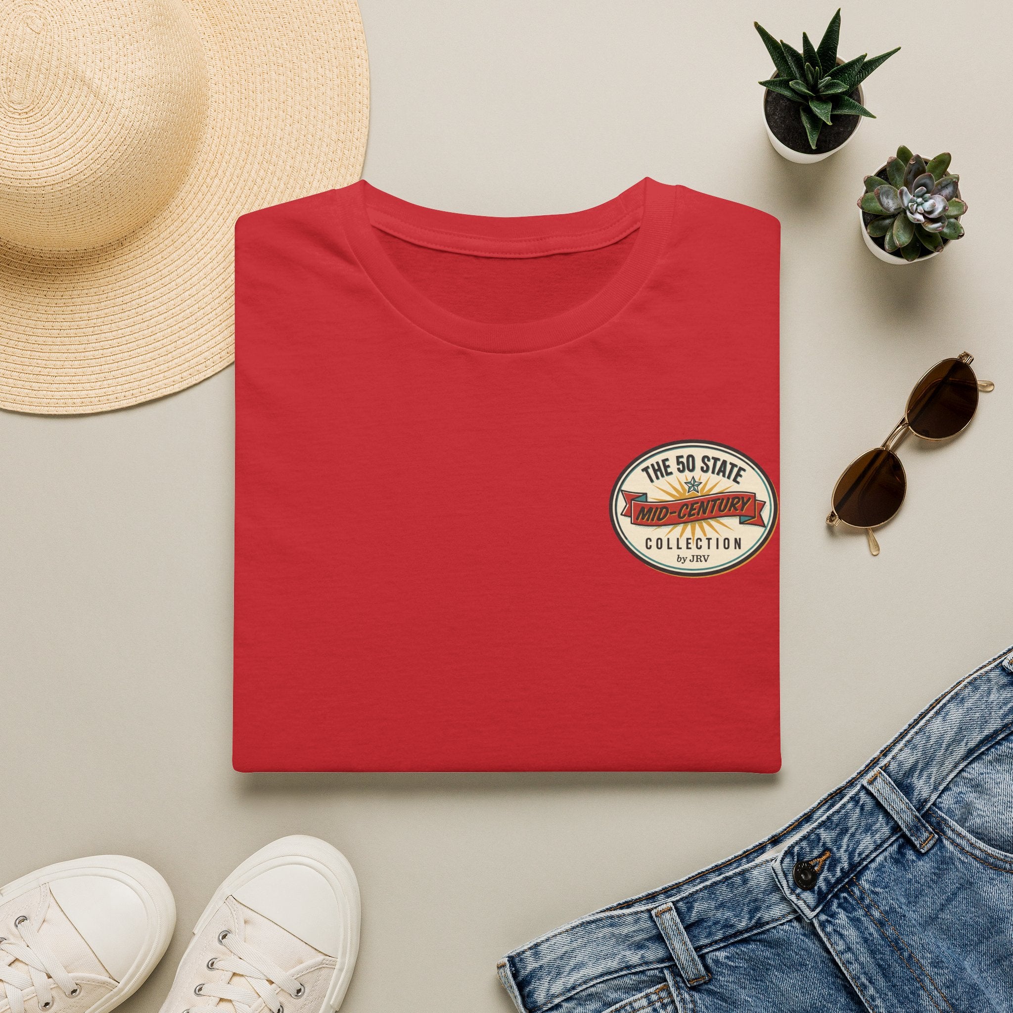 Red crewneck T-shirt with circular chest graphic
