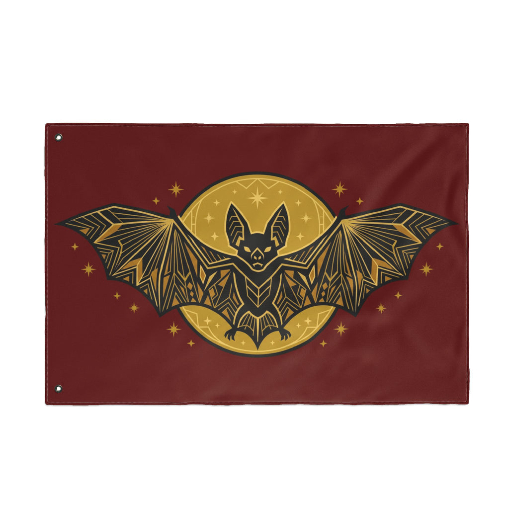 Burgundy bat moon flag with gold geometric bat and moon, corner grommets
