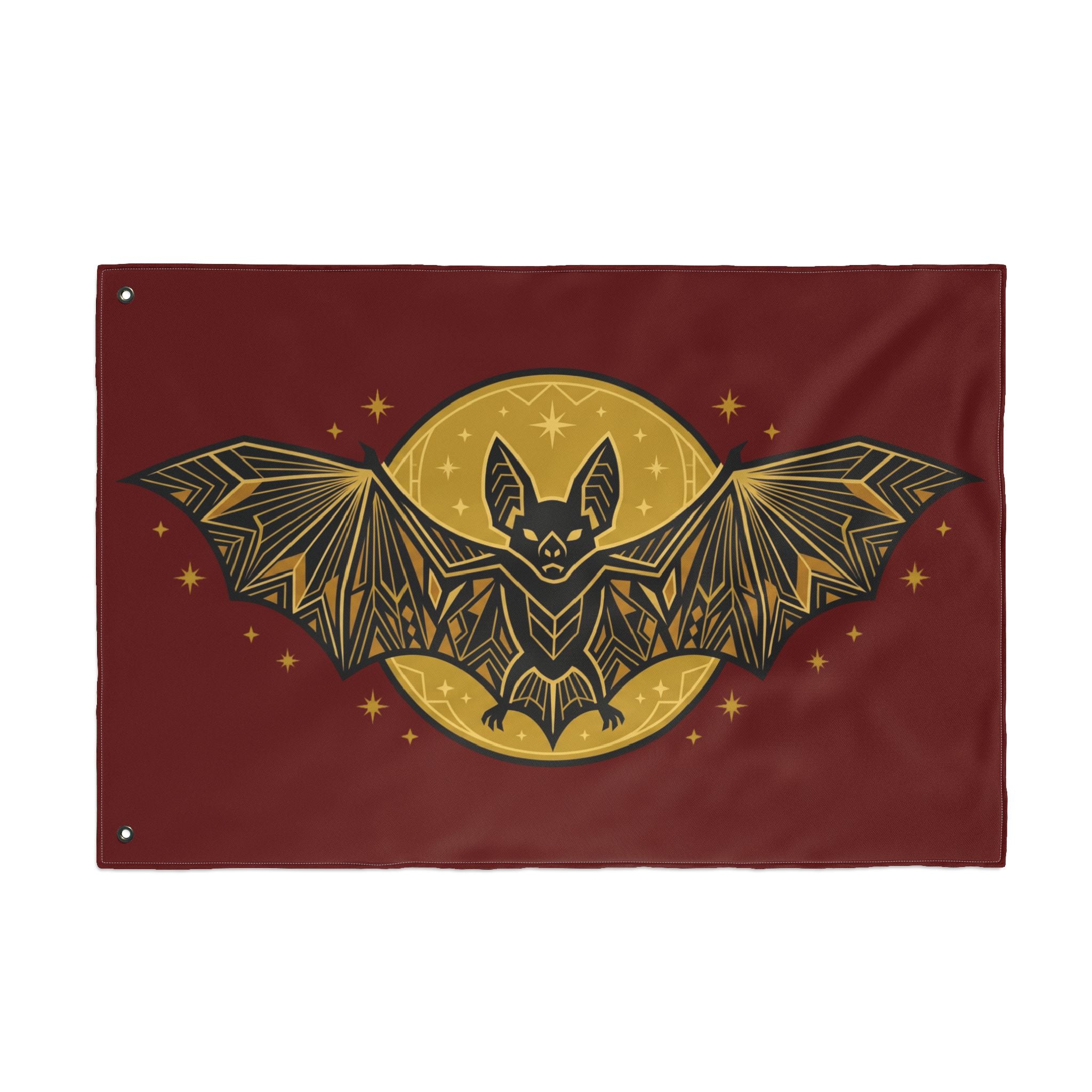 Burgundy bat moon flag with gold geometric bat and moon, corner grommets