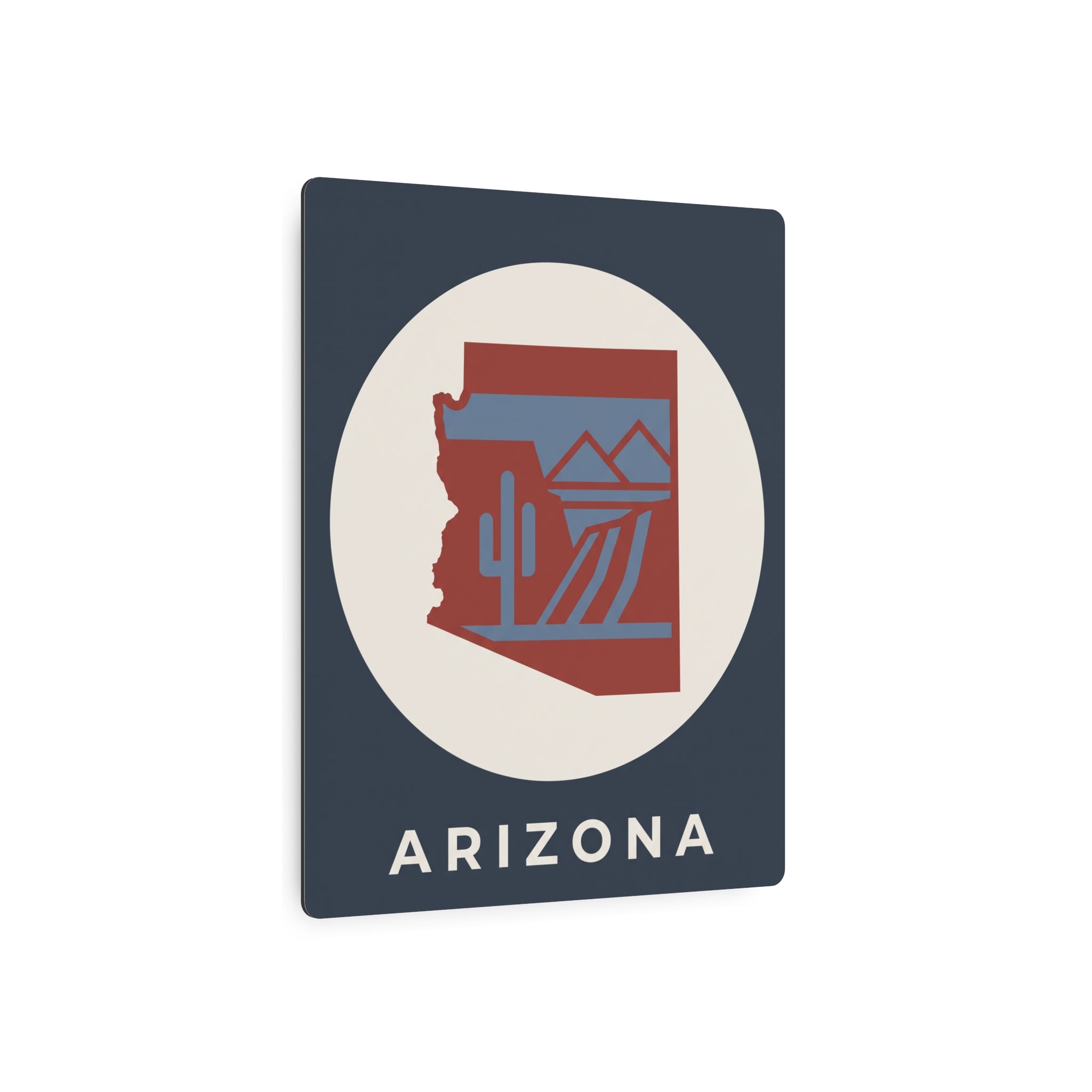 Arizona state cactus metal art sign, angled front with red map and 'ARIZONA' text