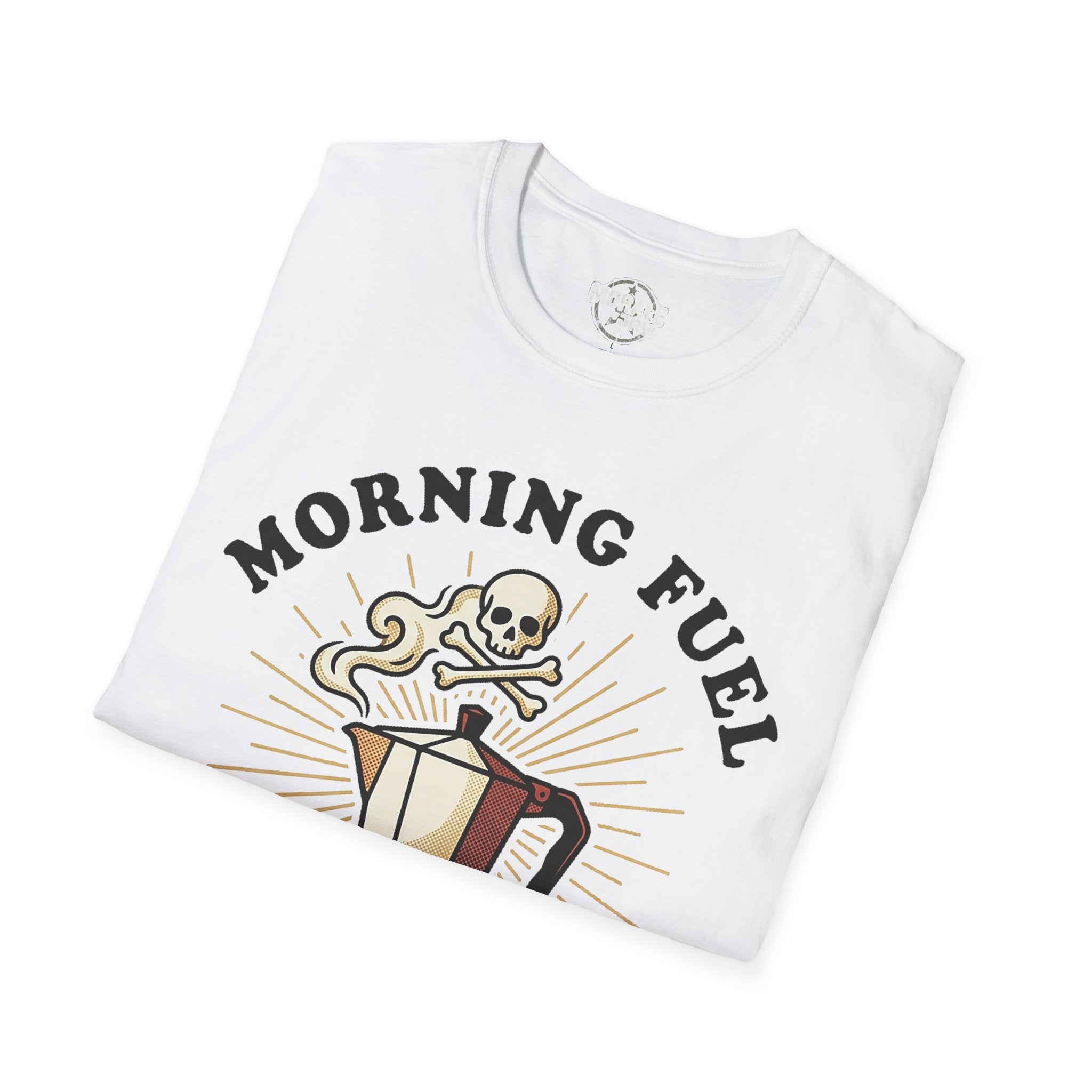 Morning Fuel T-shirt—white, diagonal view of skull moka pot graphic and rays