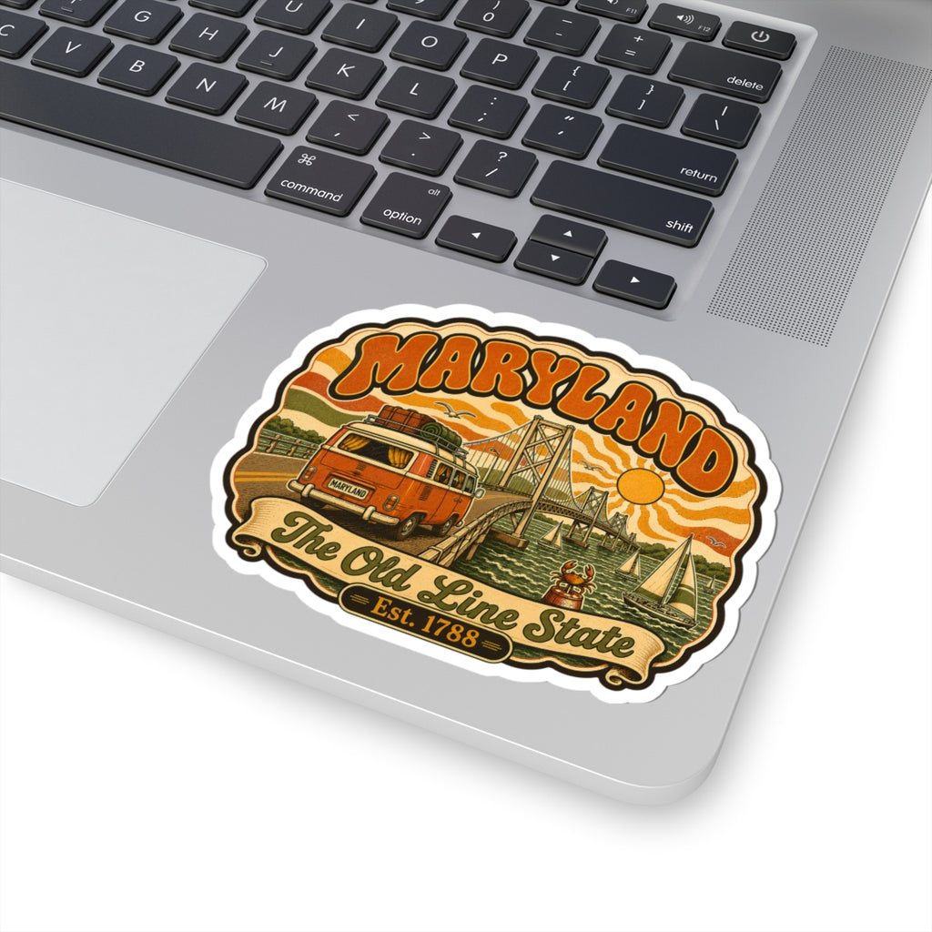 Maryland retro bridge sticker on laptop, orange and yellow vintage artwork with Est. 1788