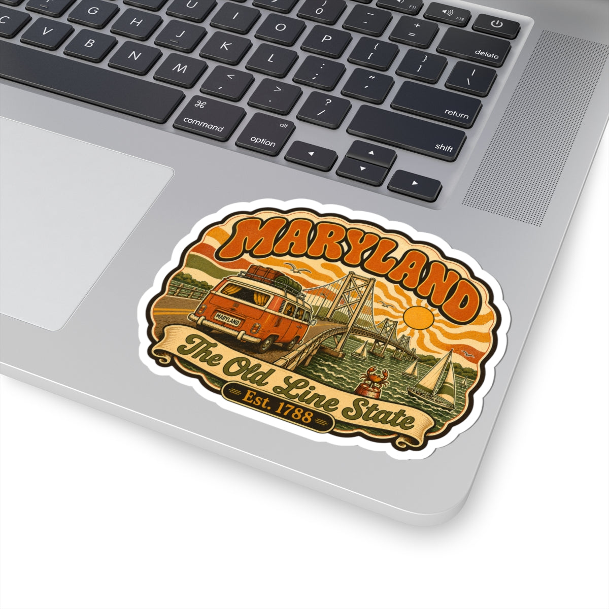 Maryland retro bridge sticker on laptop, orange and yellow vintage artwork with Est. 1788