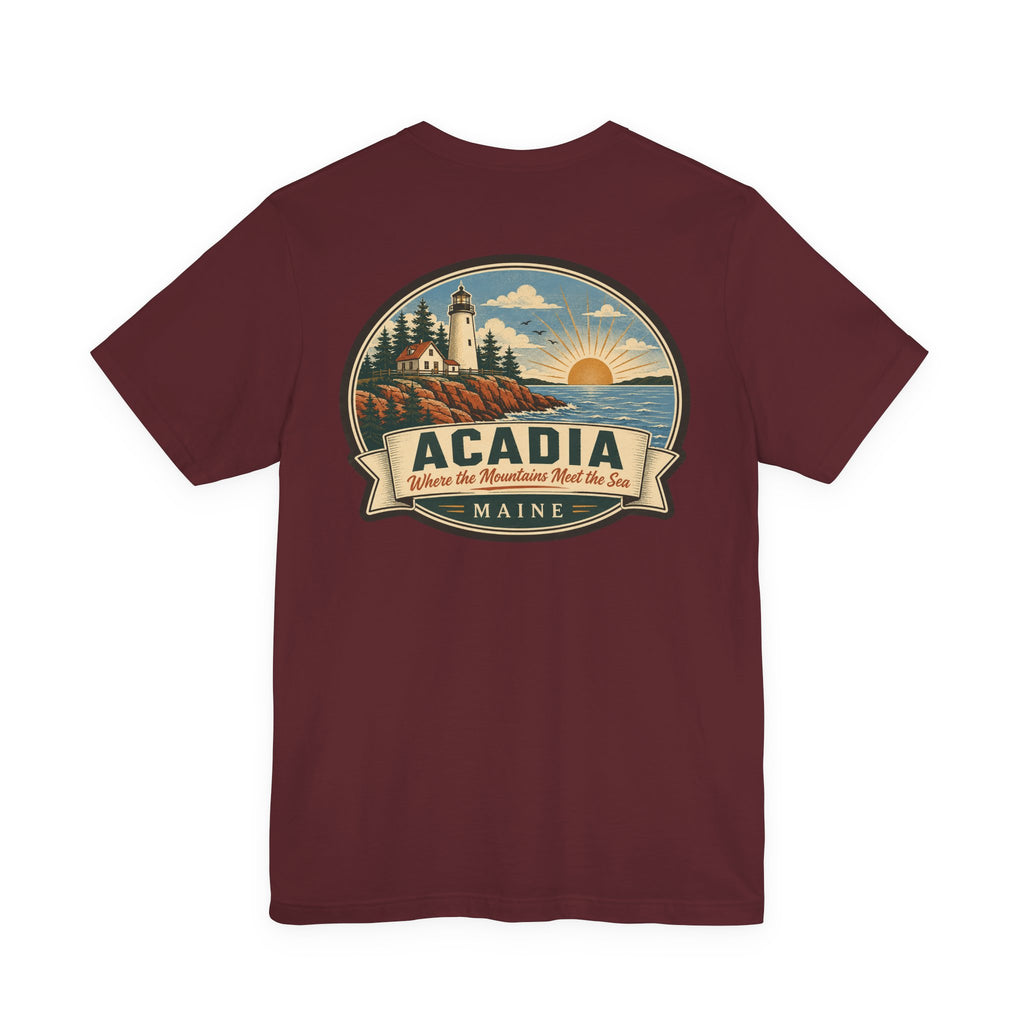 Maroon crew-neck t-shirt with large oval scenic Acadia graphic on the chest