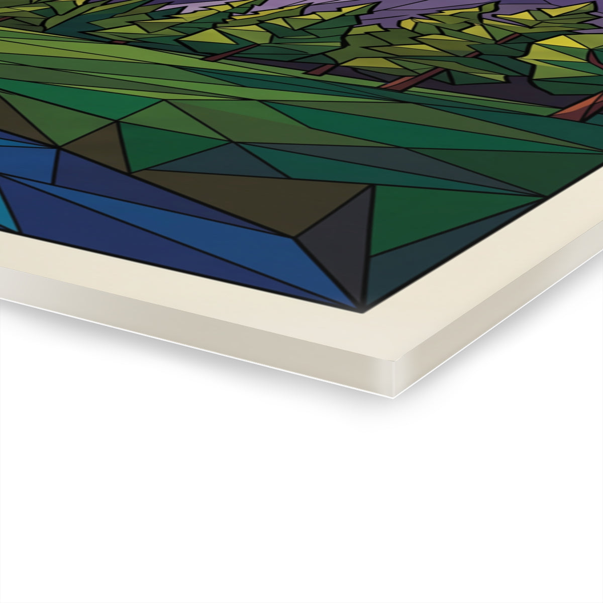 Acrylic print corner with thick white border and geometric low-poly landscape design.