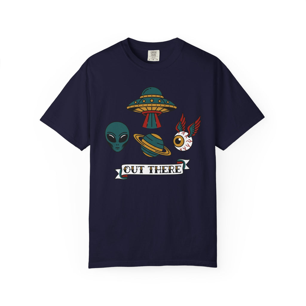 Navy T-shirt with alien, UFO, and “OUT THERE” banner graphic at center