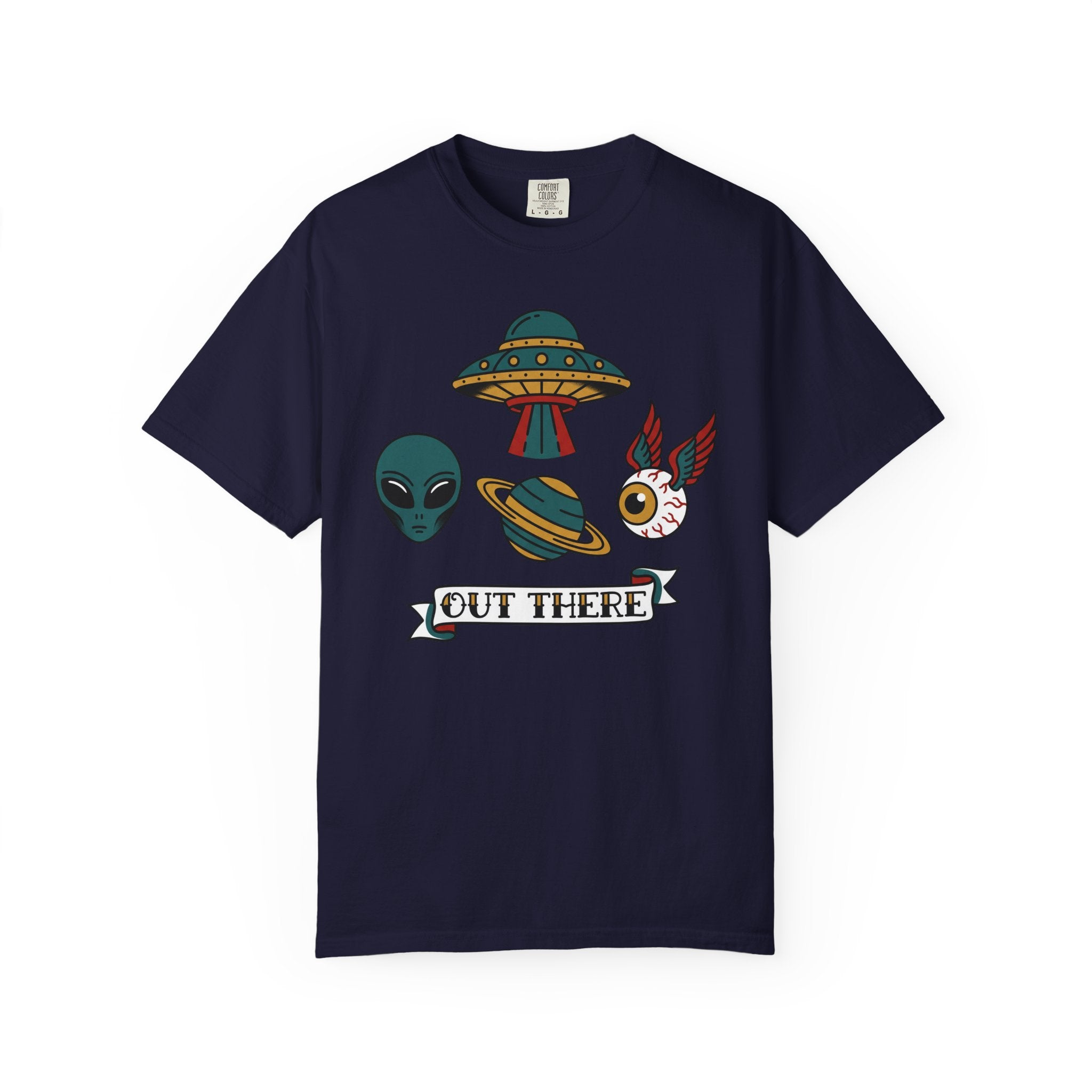 Navy graphic T-shirt with alien, UFO, and "OUT THERE" patch-style print