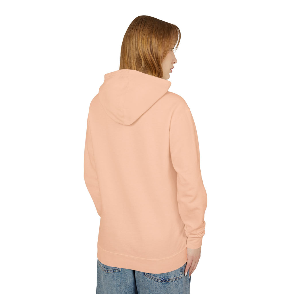 Peach hoodie back view with hood and ribbed cuffs.
