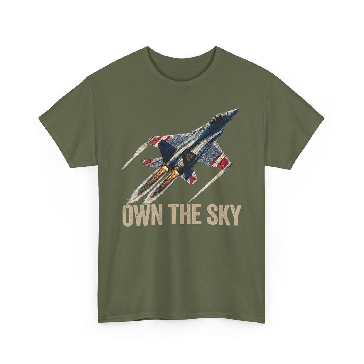 Olive green T-shirt with fighter jet graphic and "OWN THE SKY" text on front