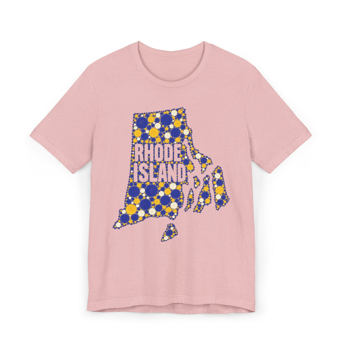 Pink t-shirt with blue and yellow polka-dot Rhode Island outline graphic