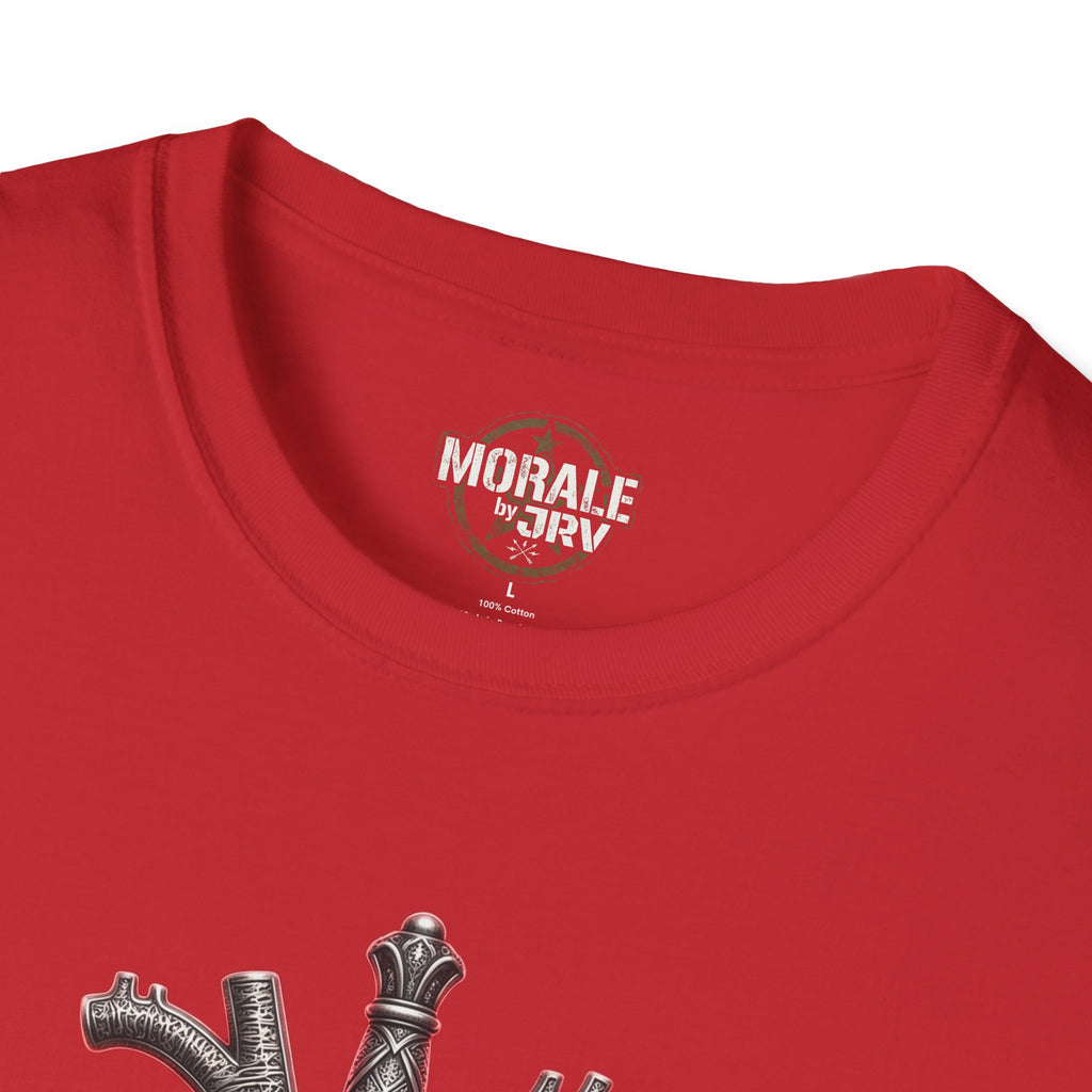 Red T-shirt neckline with MORAL by JRV logo