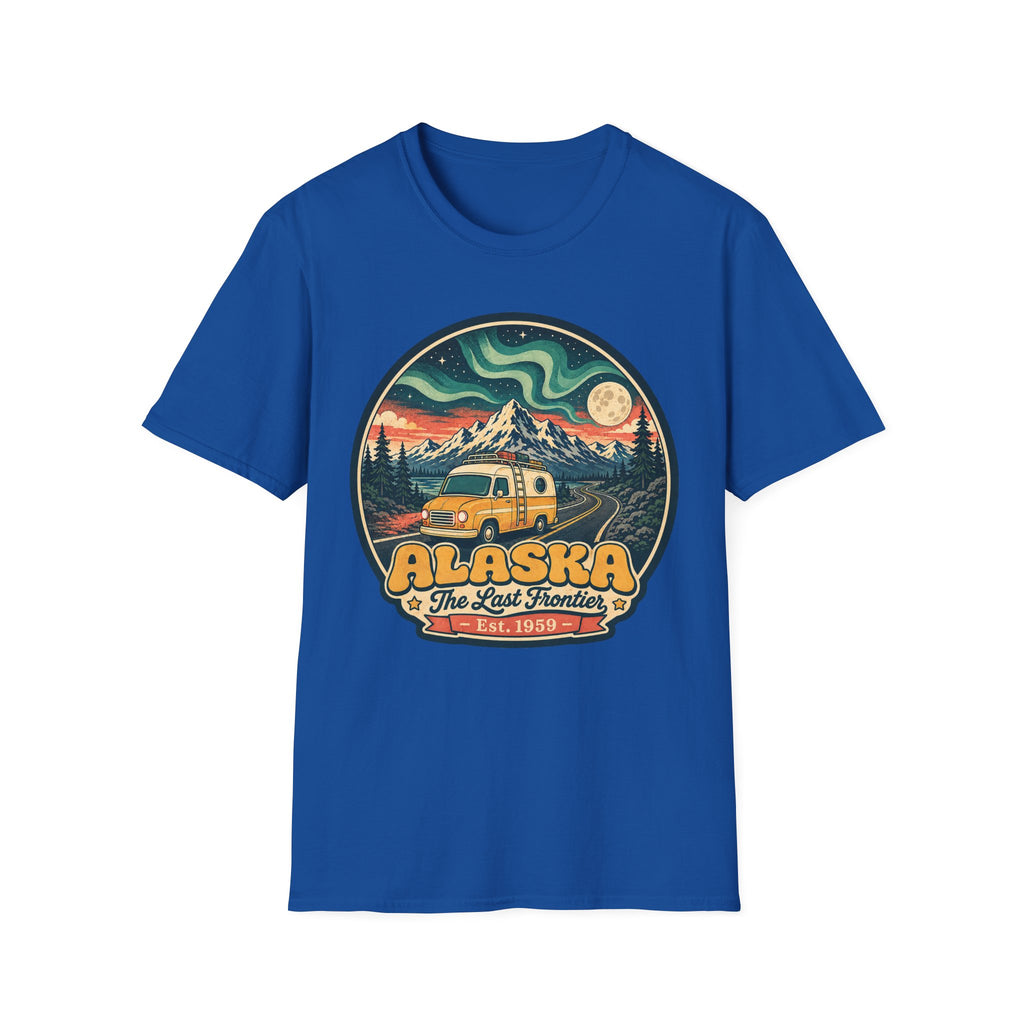 Unisex graphic T-shirt, royal blue, round Alaska logo with mountain and cabin vehicle art