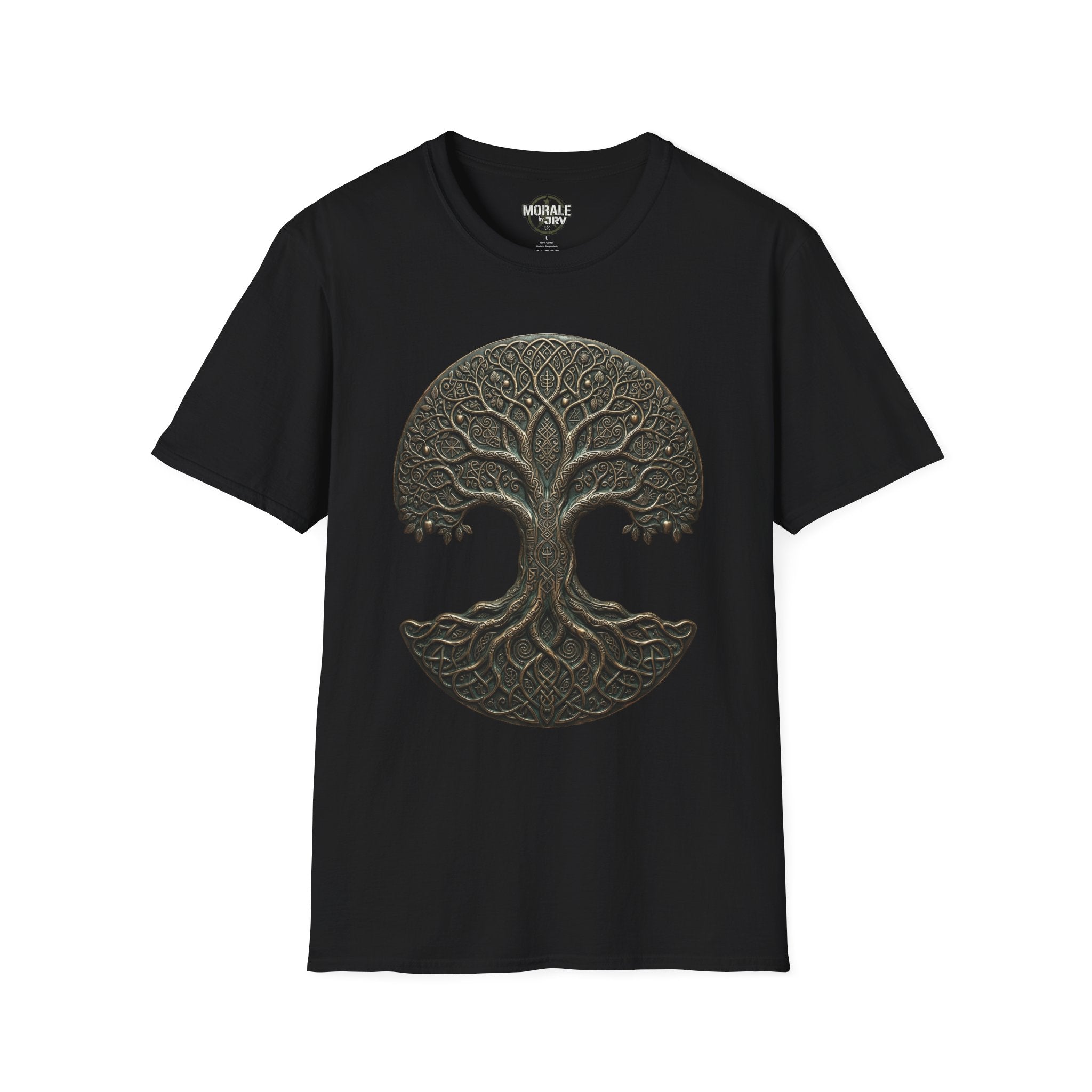T-Shirt mit keltischem Baum-des-Lebens-Mandala-Print, dunkelgrün auf Schwarz