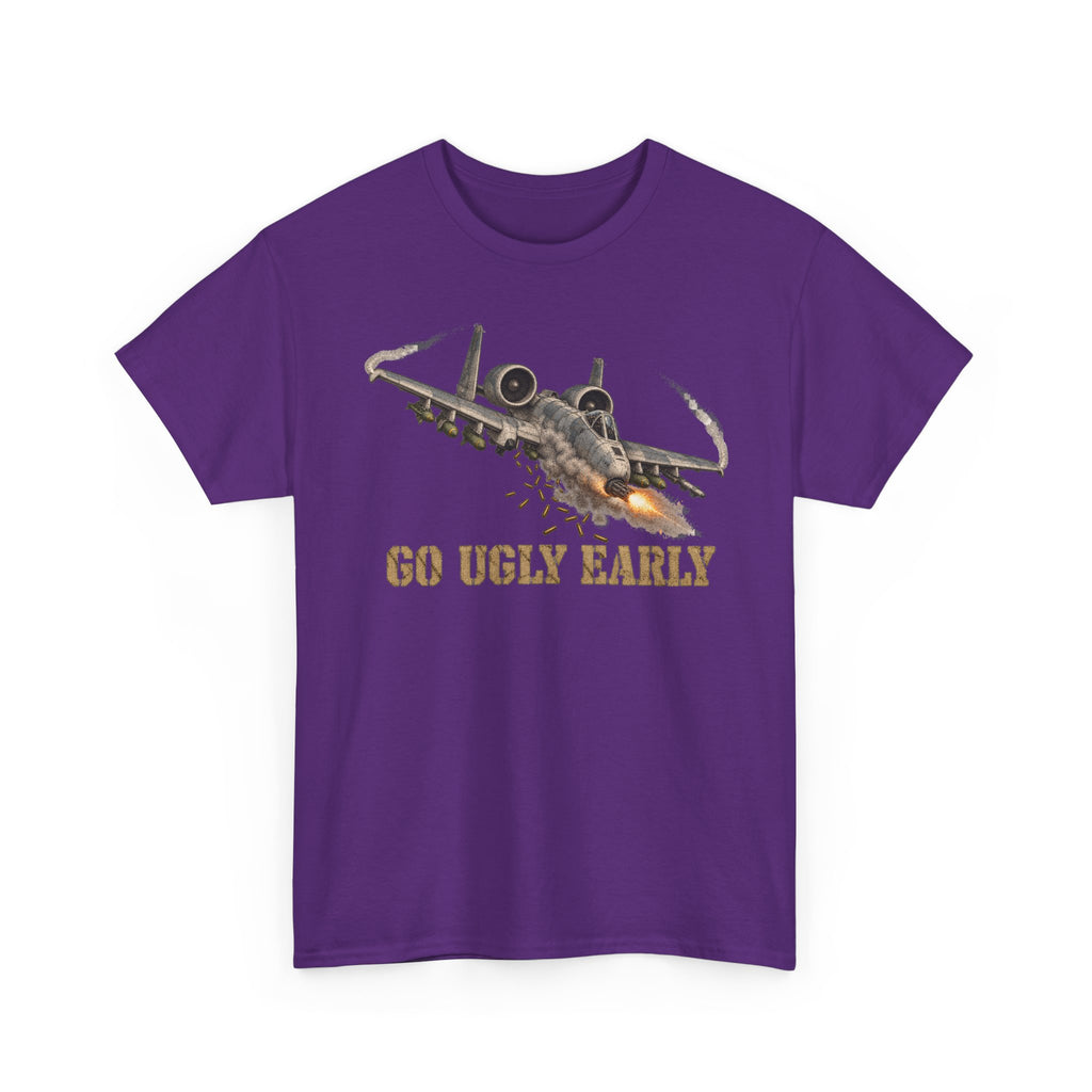 Purple jet attack graphic T-shirt with “Go Ugly Early” text and aircraft illustration.