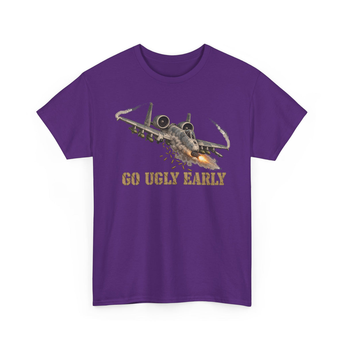 Purple jet attack graphic T-shirt with “Go Ugly Early” text and aircraft illustration.
