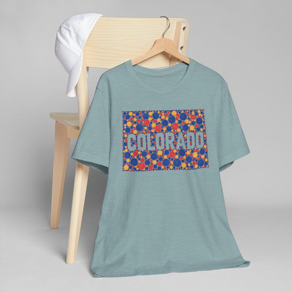Light teal Colorado graphic t-shirt with colorful patterned rectangle and Colorado lettering