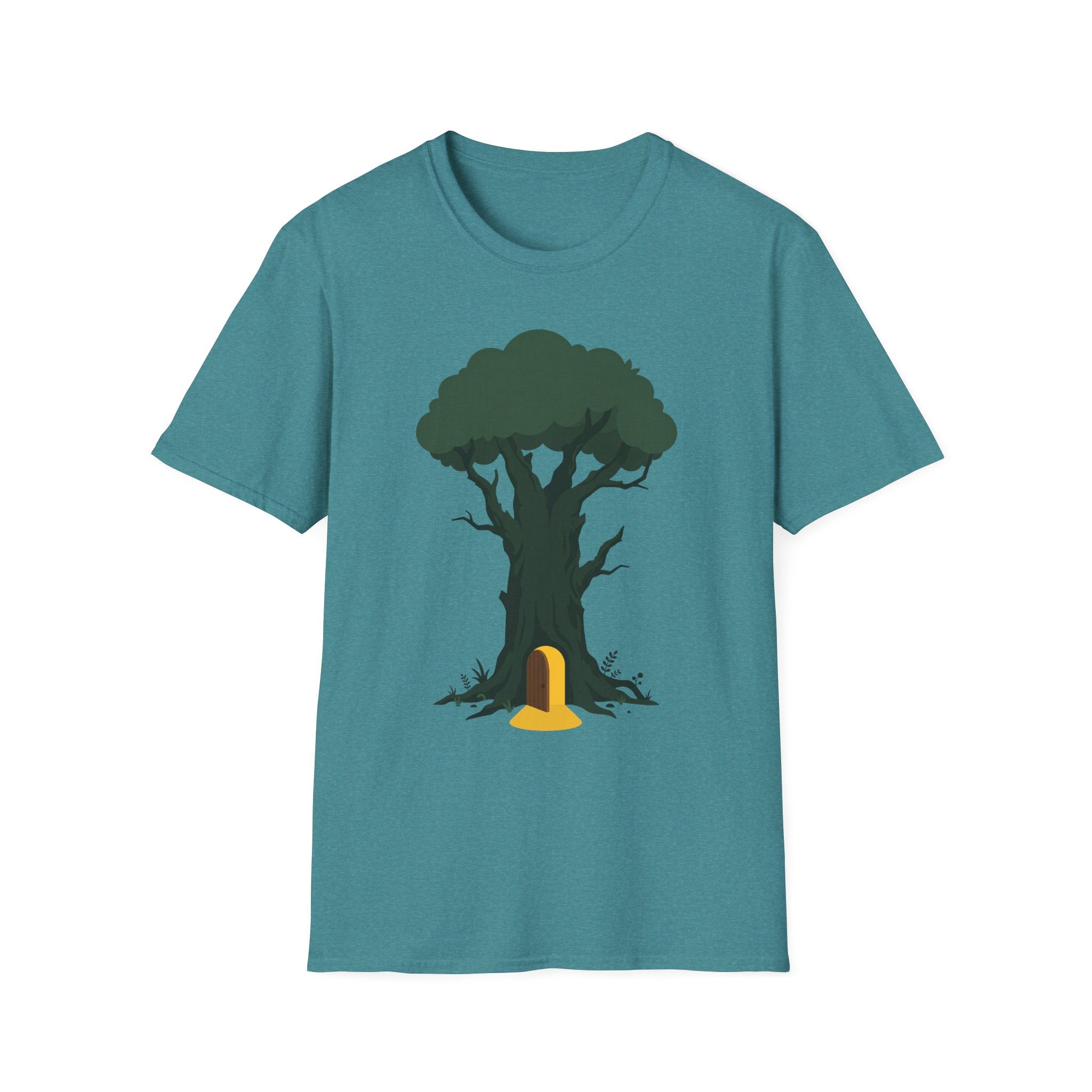 Teal T-shirt with enchanted tree and yellow door graphic