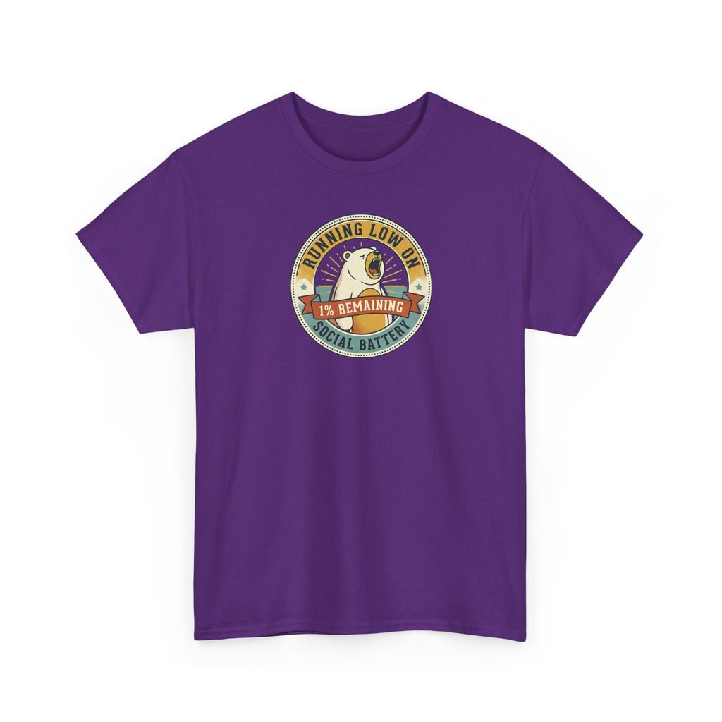 Purple crewneck T-shirt with circular graphic on the chest.