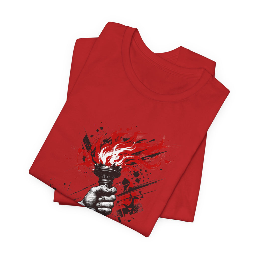 Red crew-neck T-shirt with flaming torch hand graphic in black and white on front.
