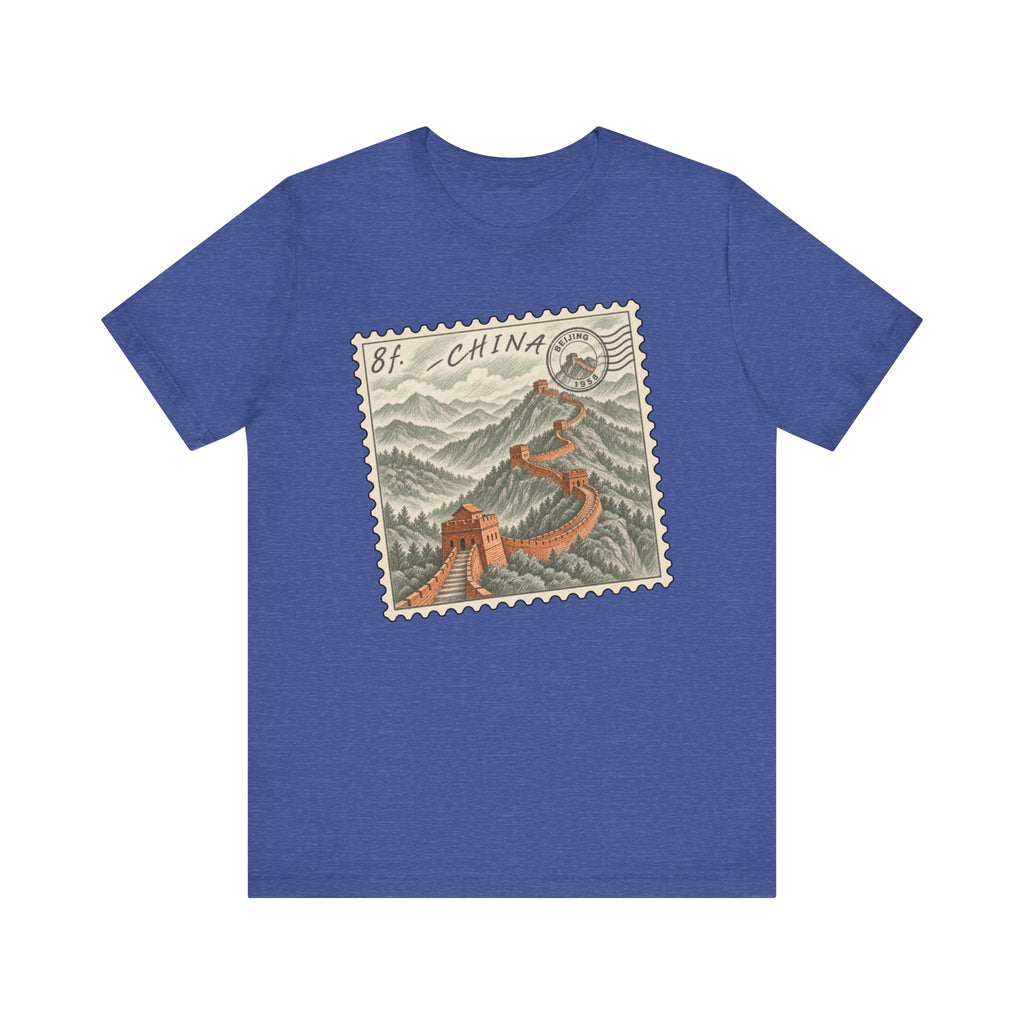 Heather true royal blue short-sleeve tee with vintage postage stamp graphic of the Great Wall