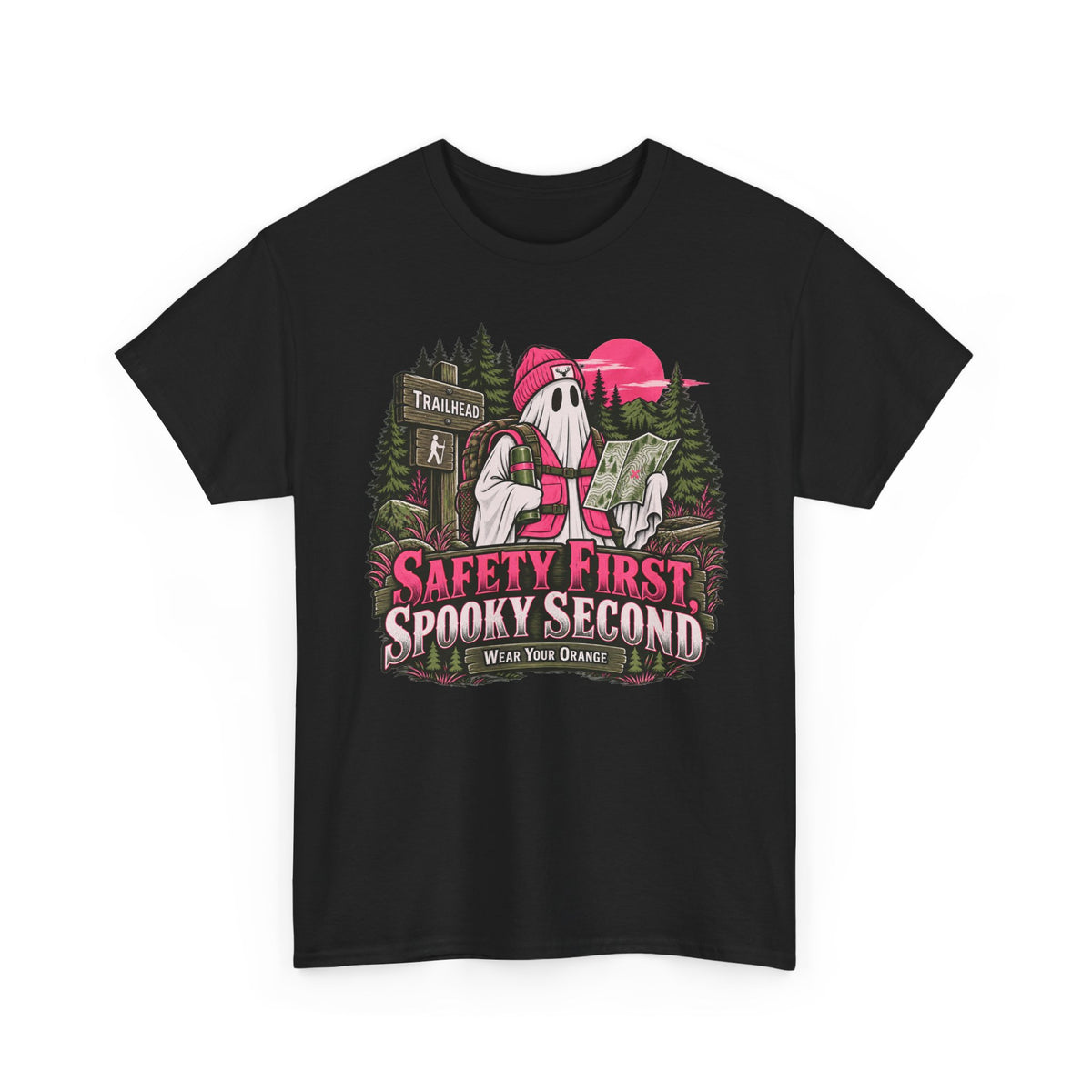 Safety First Spooky Second T-Shirt, Funny Ghost Hiker Halloween Shirt for Men and Women, Camping Trail Graphic Tee