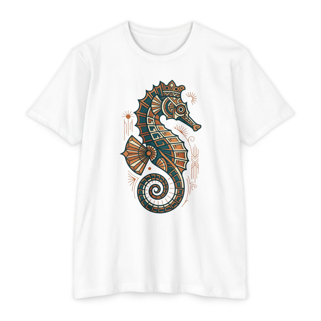 Unisex white T-shirt with colorful seahorse mosaic graphic on front