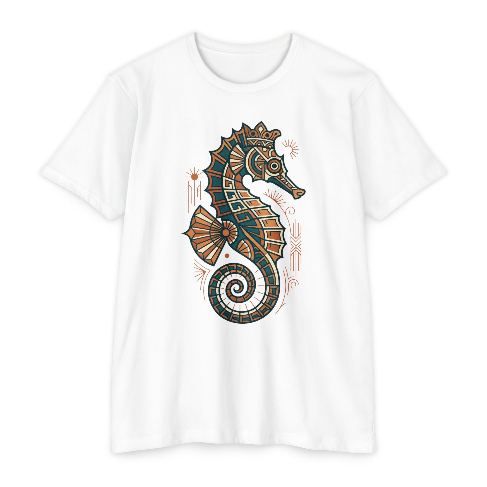 Unisex white T-shirt with colorful seahorse mosaic graphic on front