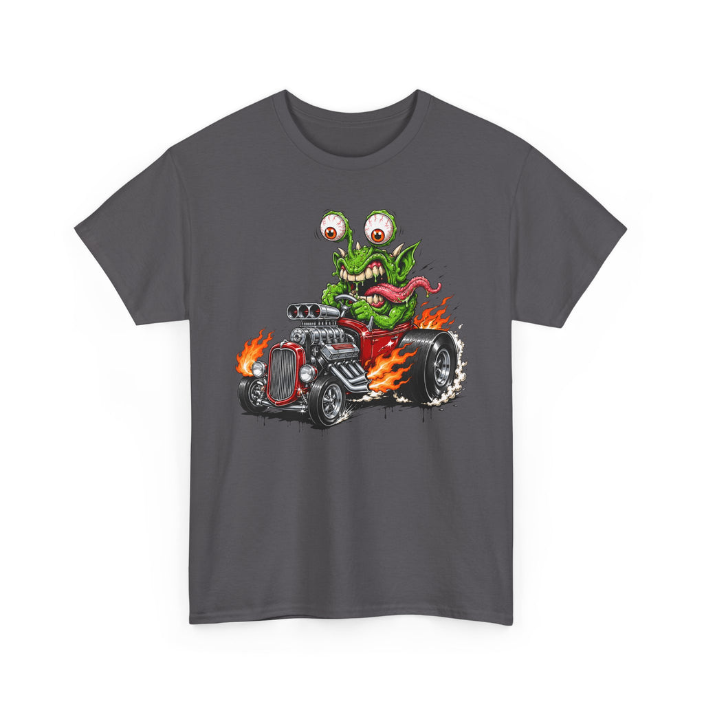 Unisex dark grey T-shirt with monster hot rod graphic on front