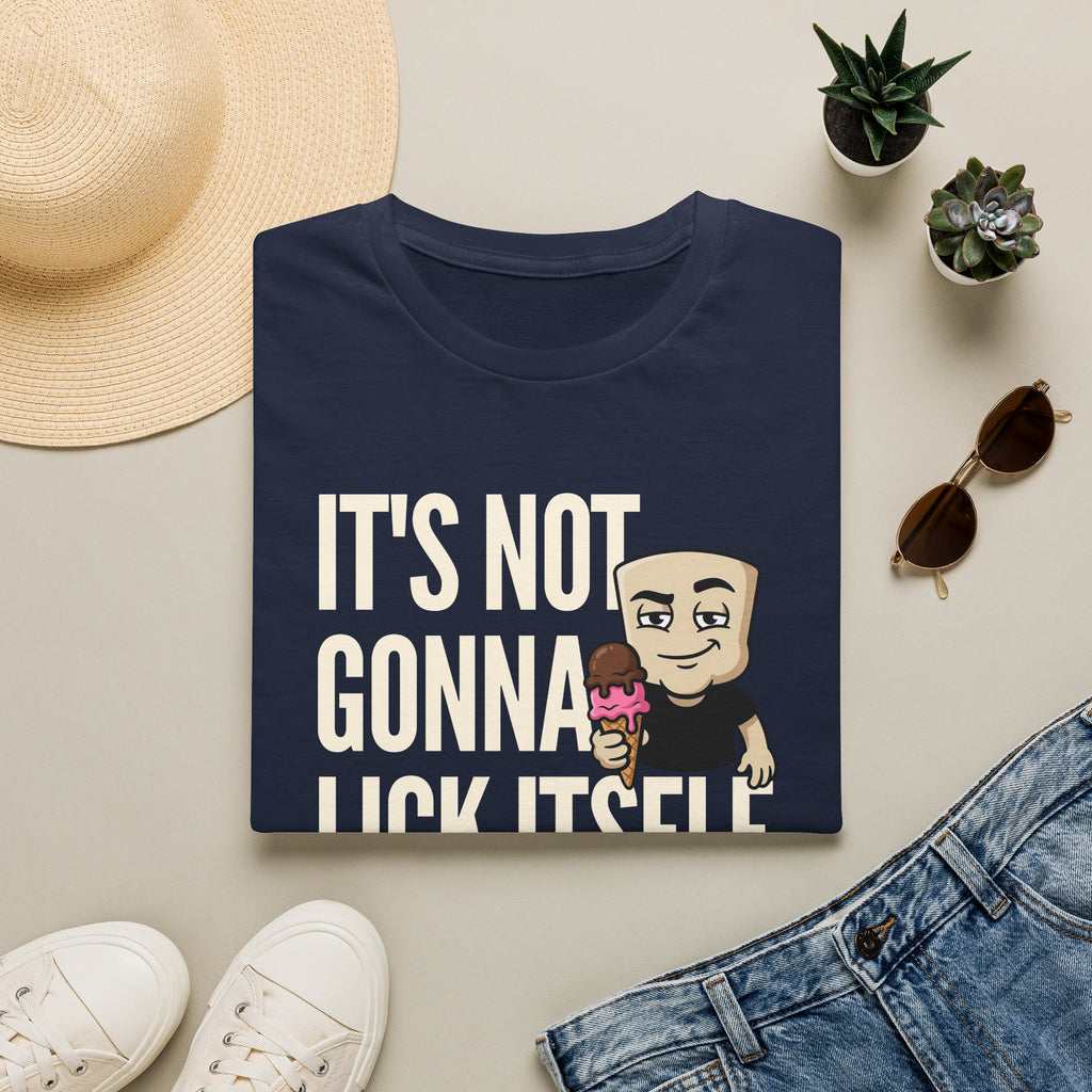 Navy T-shirt with 'IT'S NOT GONNA' text and cartoon ice cream character.