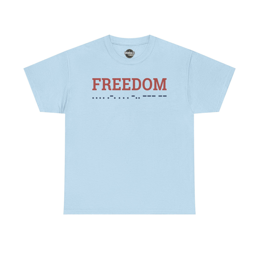 Freedom T-shirt, light blue crewneck with 'FREEDOM' Morse code graphic