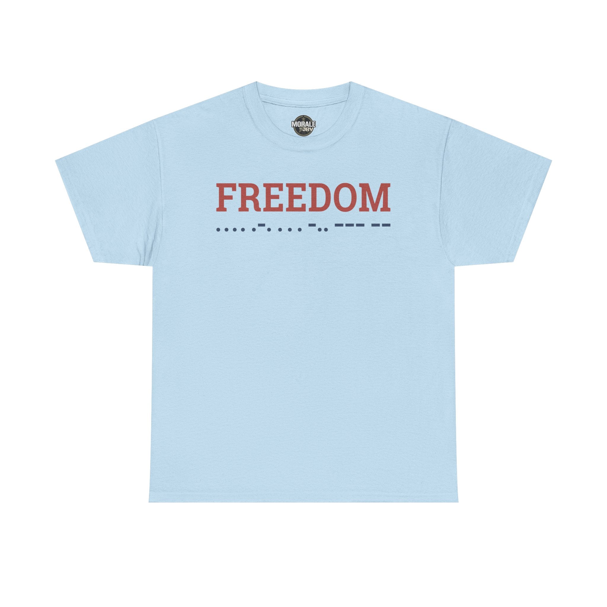 Freedom T-shirt, light blue crewneck with 'FREEDOM' Morse code graphic