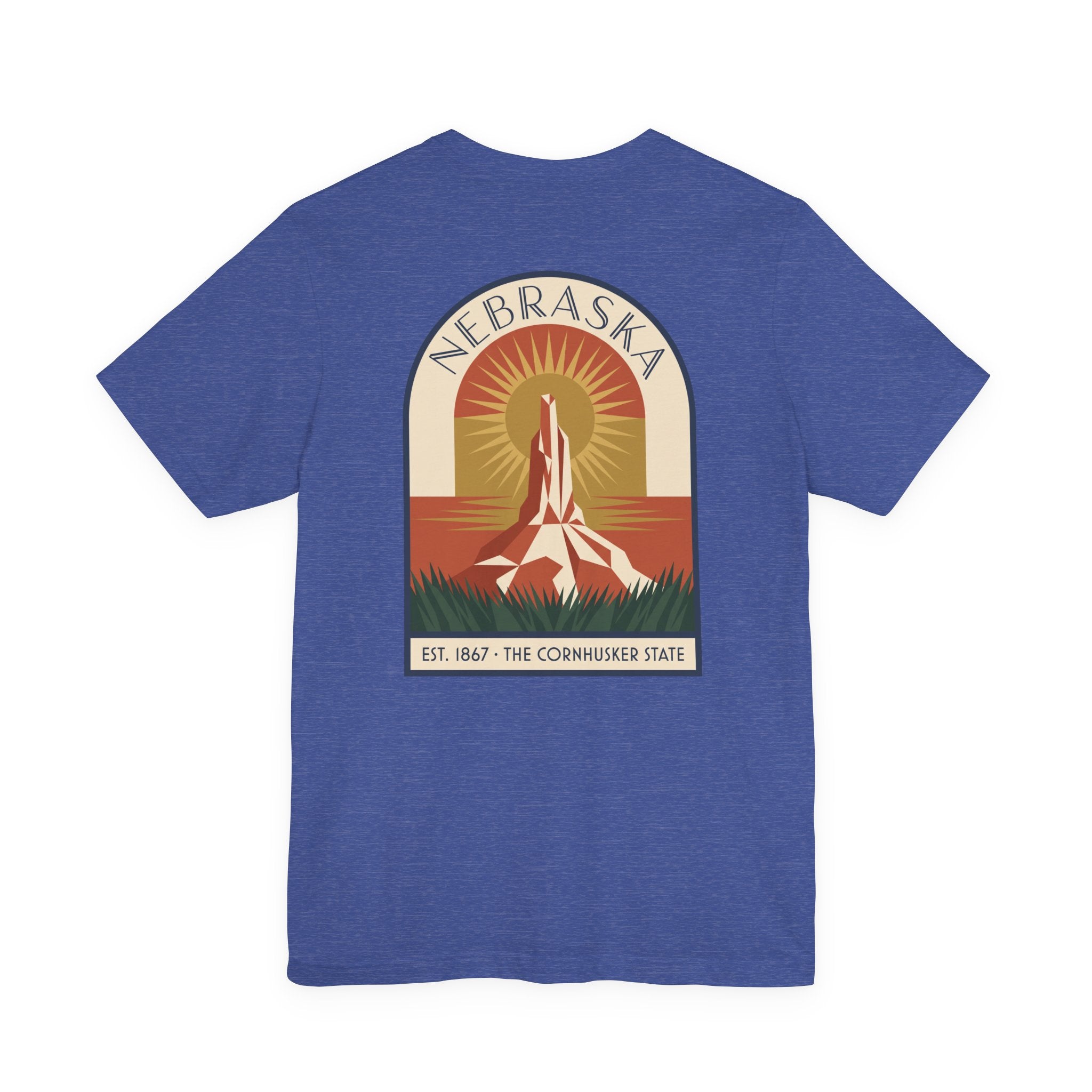 Nebraska art deco T-shirt, true royal blue with Cornhusker sunrise graphic