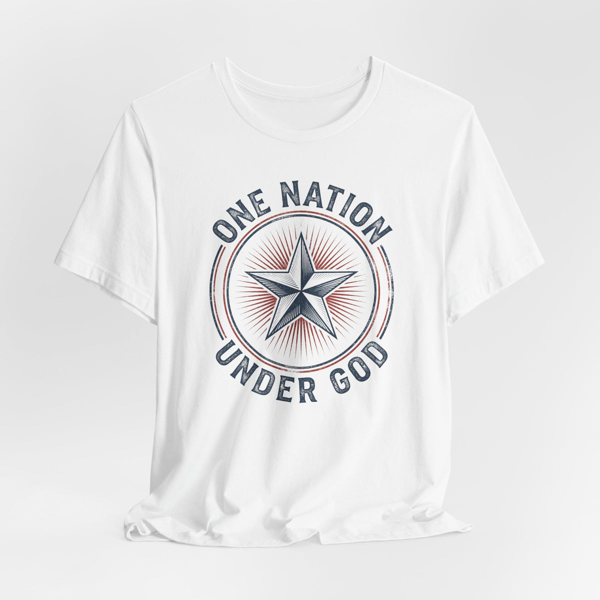 White crewneck t-shirt featuring central star circle logo with patriotic text