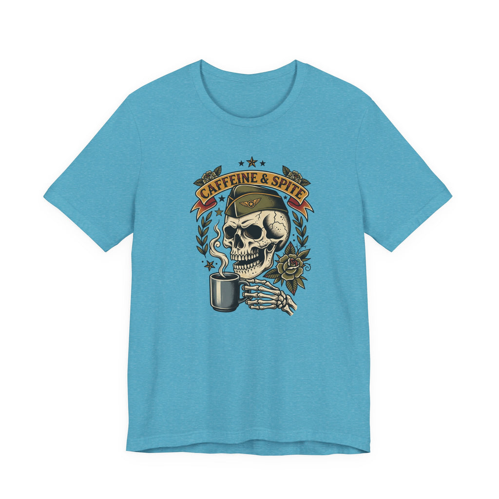 Light blue graphic T-shirt with skull holding coffee mug, Caffeine & Spite design