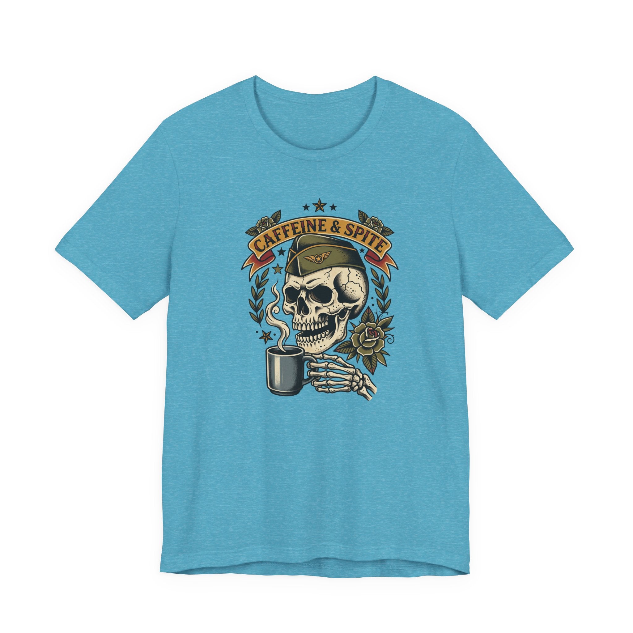 Light blue graphic T-shirt with skull holding coffee mug, Caffeine & Spite design