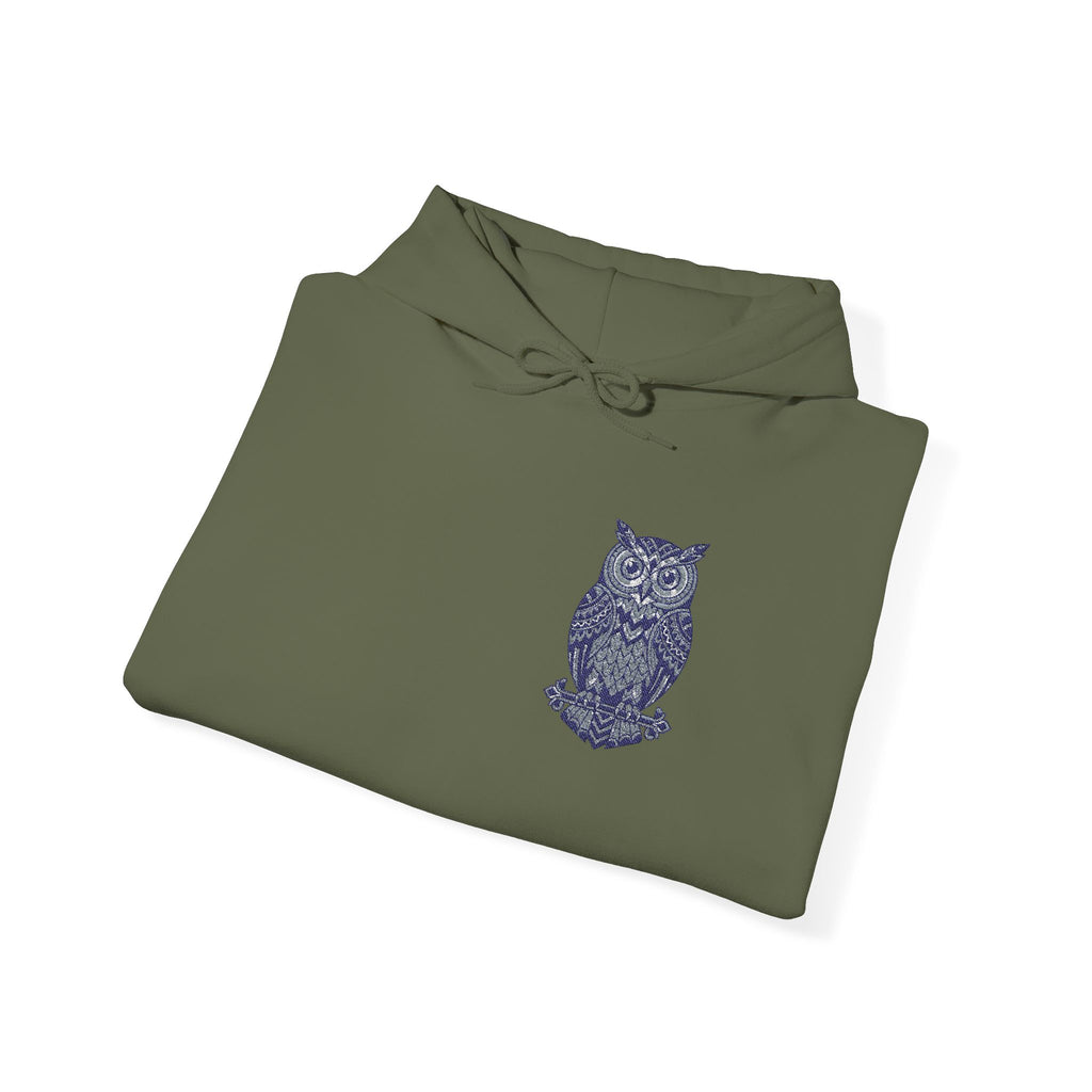 Olive green hoodie with blue owl chest graphic