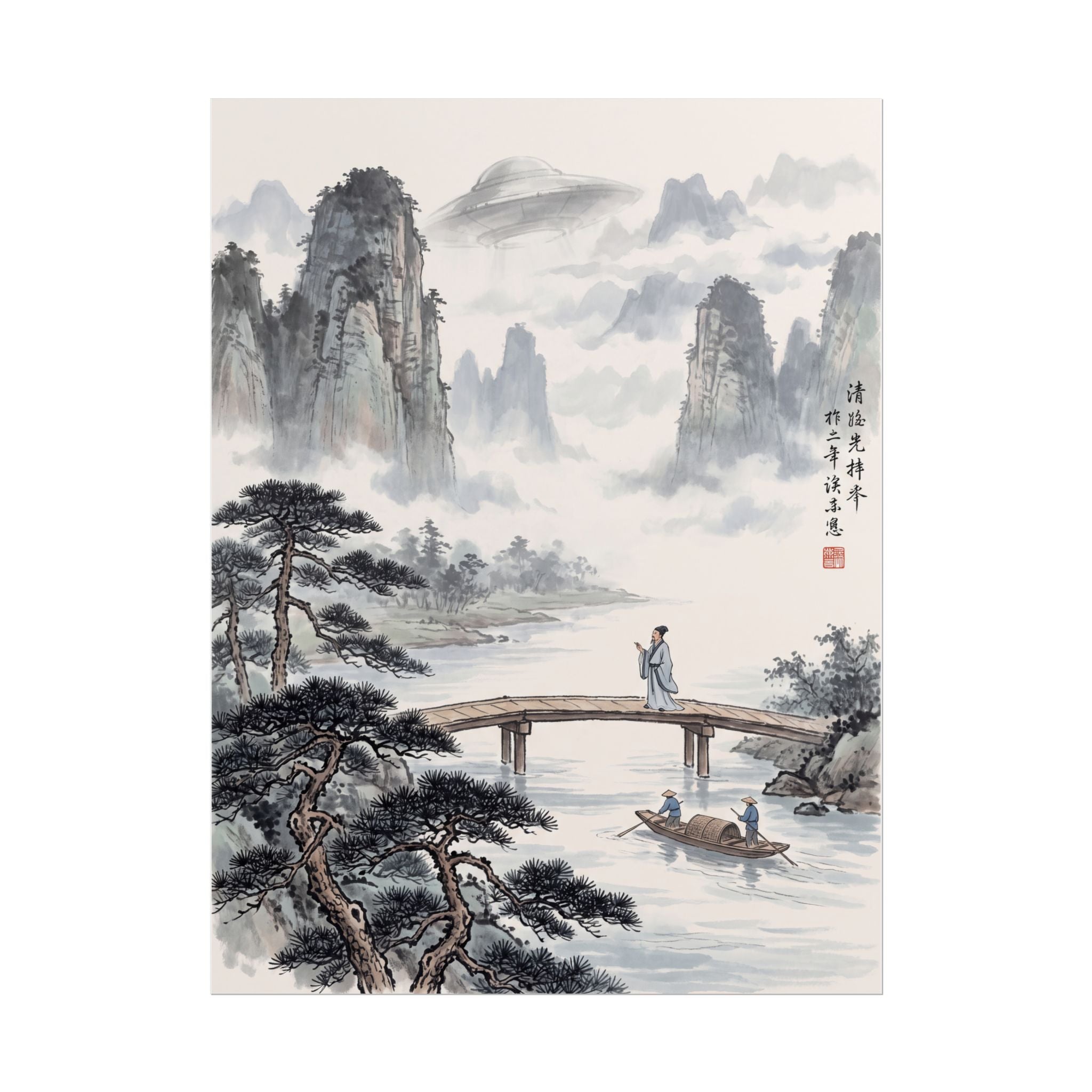 Landscape rolled poster featuring ink-wash mountains, bridge over water, and small fishing boat.