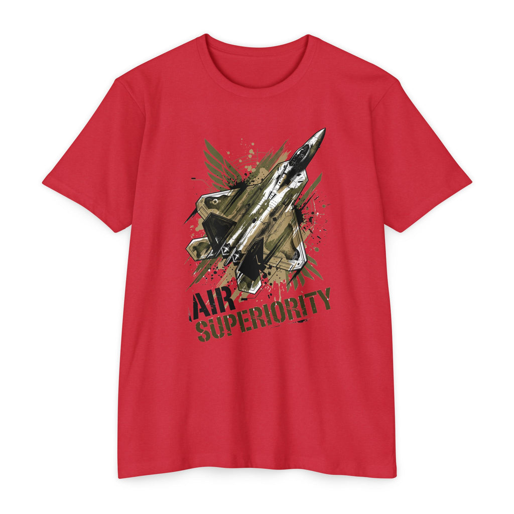 Air superiority jet fighter T-shirt in red with front jet graphic and text