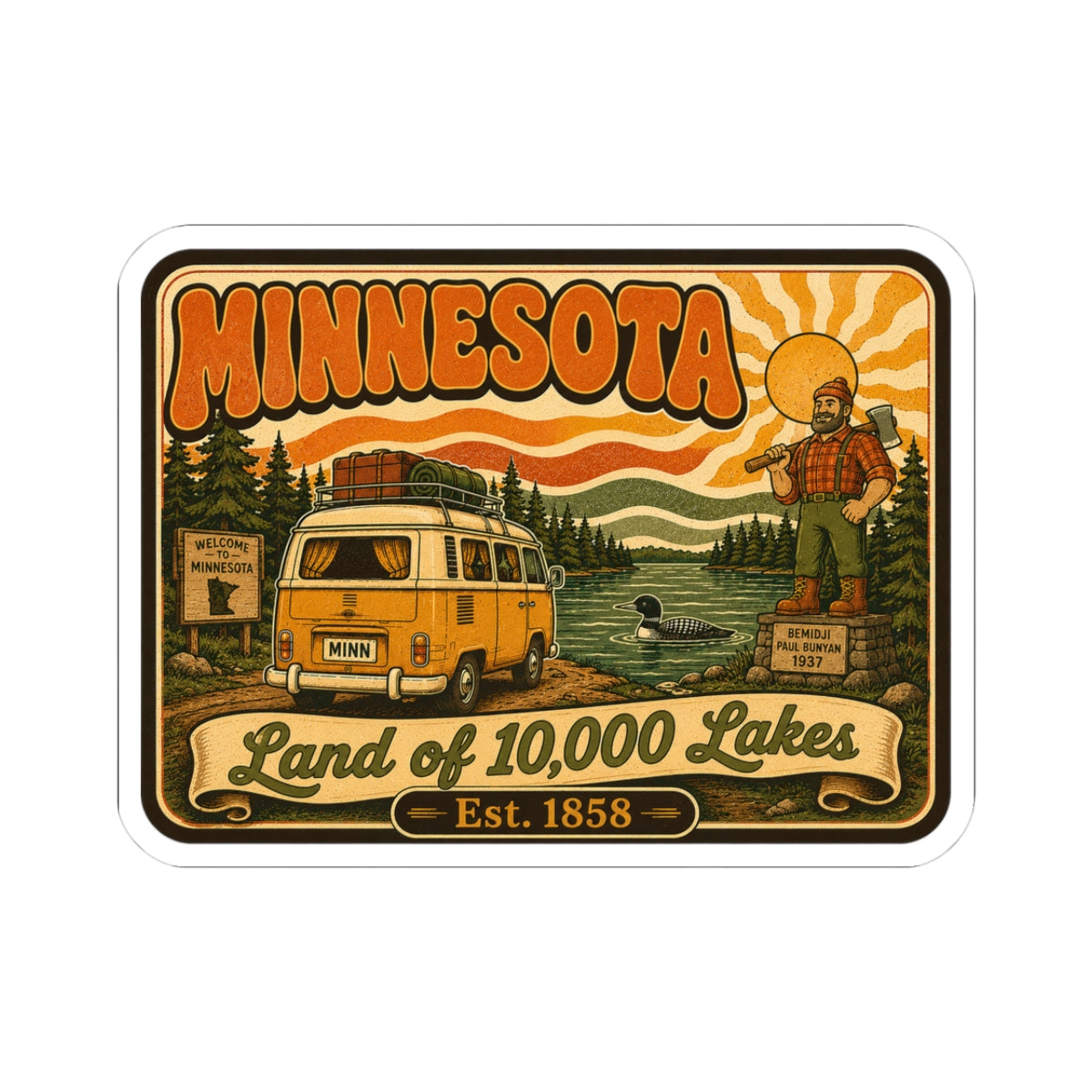 Minnesota kiss-cut sticker with retro camper van, lumberjack, and Land of 10,000 Lakes text