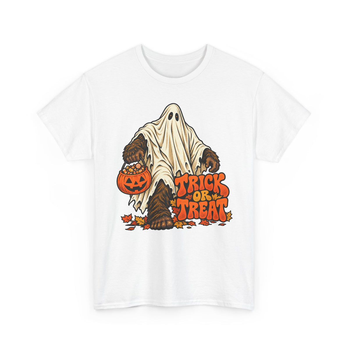 White crew neck T-shirt with Bigfoot ghost holding a jack-o’-lantern, “Tricks or Treats”