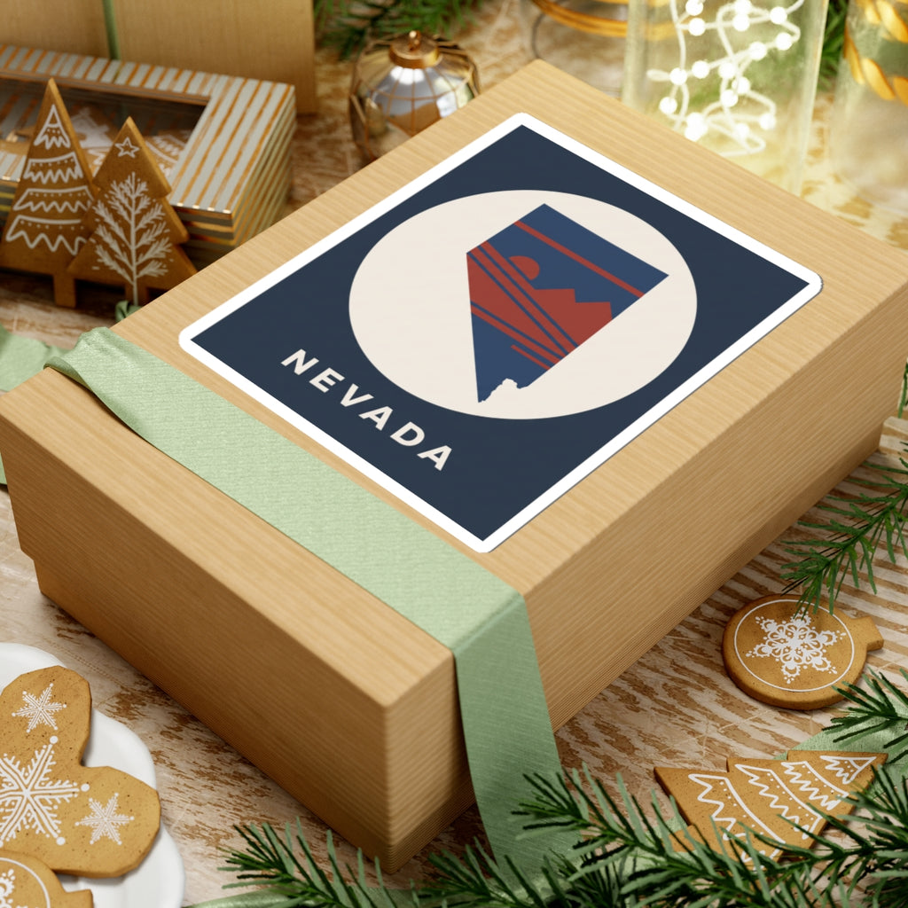 Nevada state kiss-cut sticker on a wrapped gift, circular emblem and “NEVADA” beneath