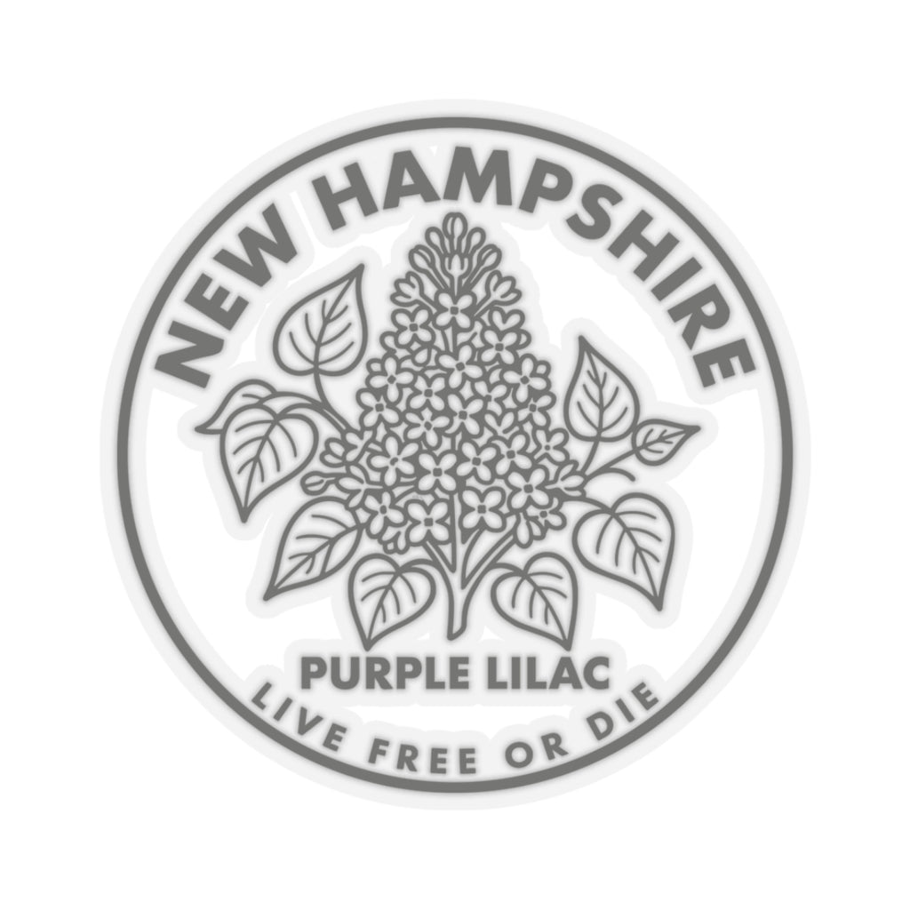 Round New Hampshire lilac sticker with floral leaves and “LIVE FREE OR DIE” text