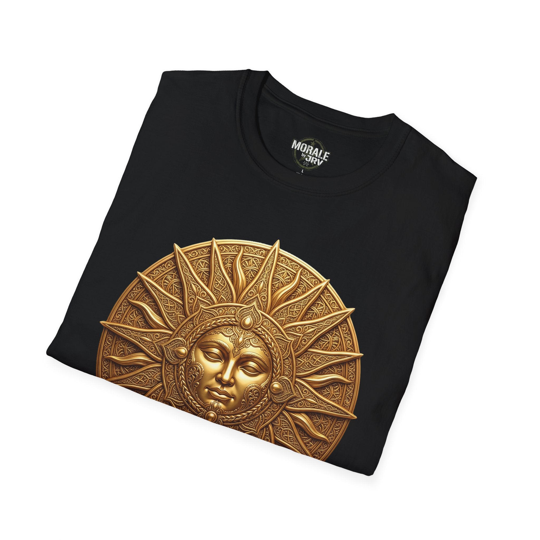 Black T-shirt with bronze-gold sun face medallion graphic on chest.