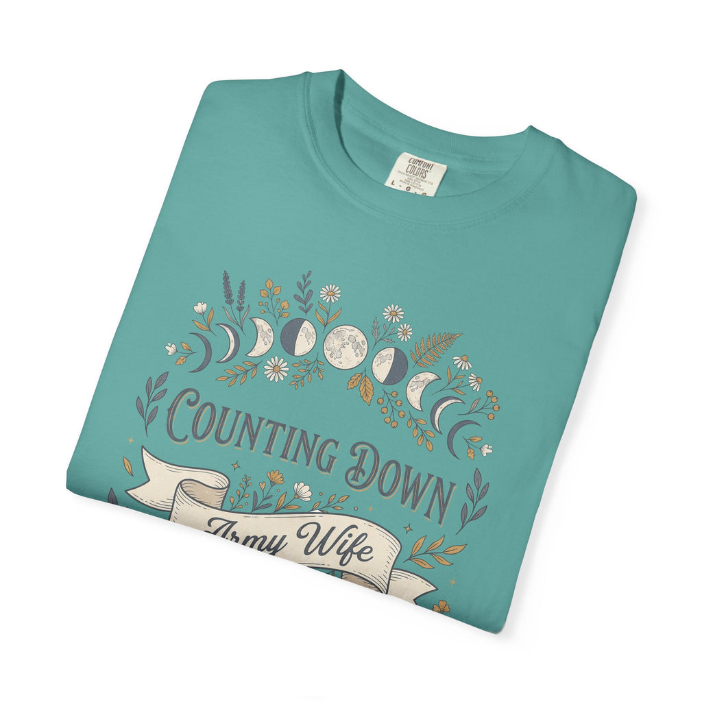 Teal crewneck t-shirt with floral countdown graphic on the front