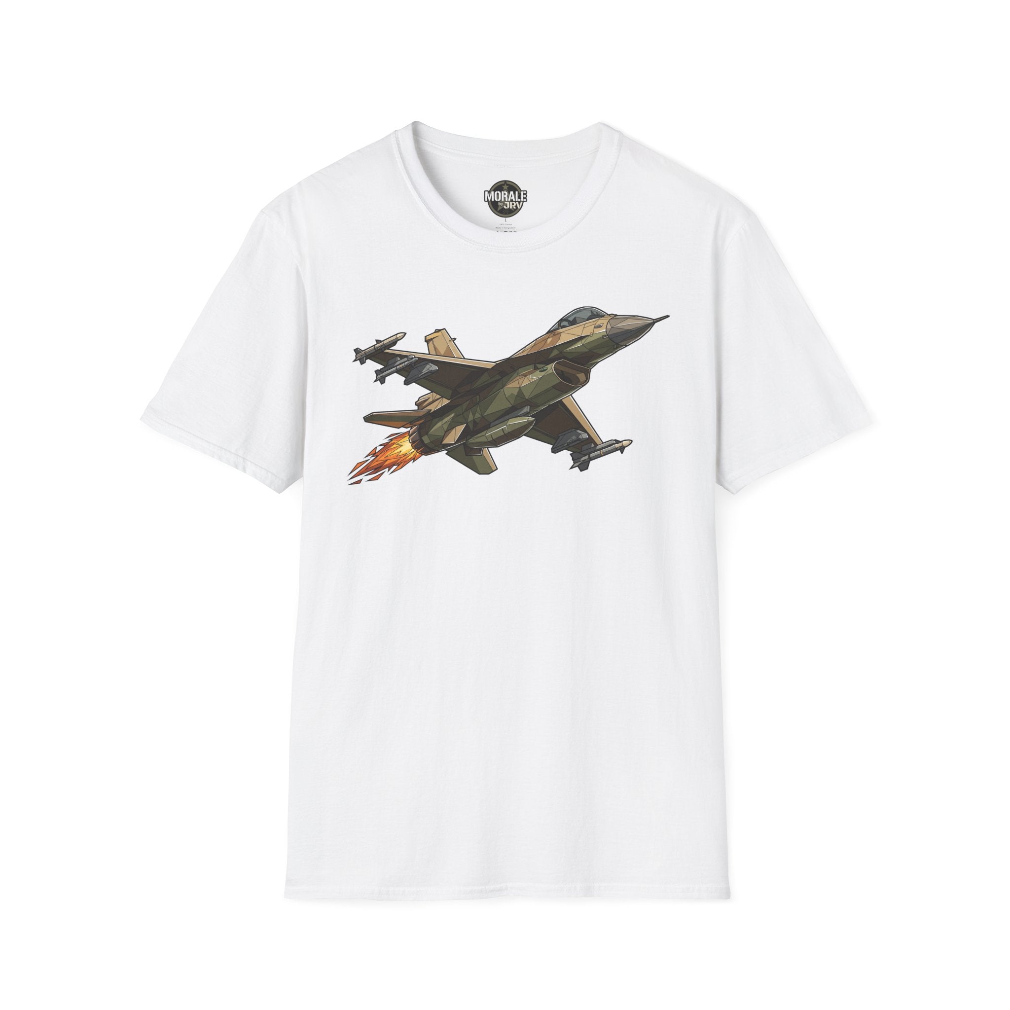 White fighter jet illustration T-shirt with colorful jet graphic on front