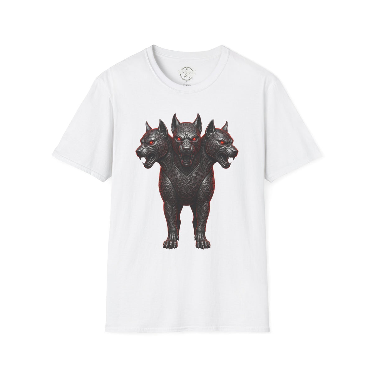 White t-shirt with full-body three-headed Cerberus graphic in dark gray