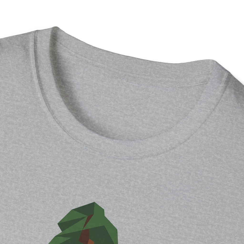 Sport Grey crew-neck T-shirt; top of geometric redwood tree print peeks