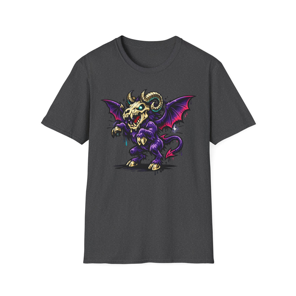 Dark heather graphic monster T-shirt with purple bat-winged skull ram front print