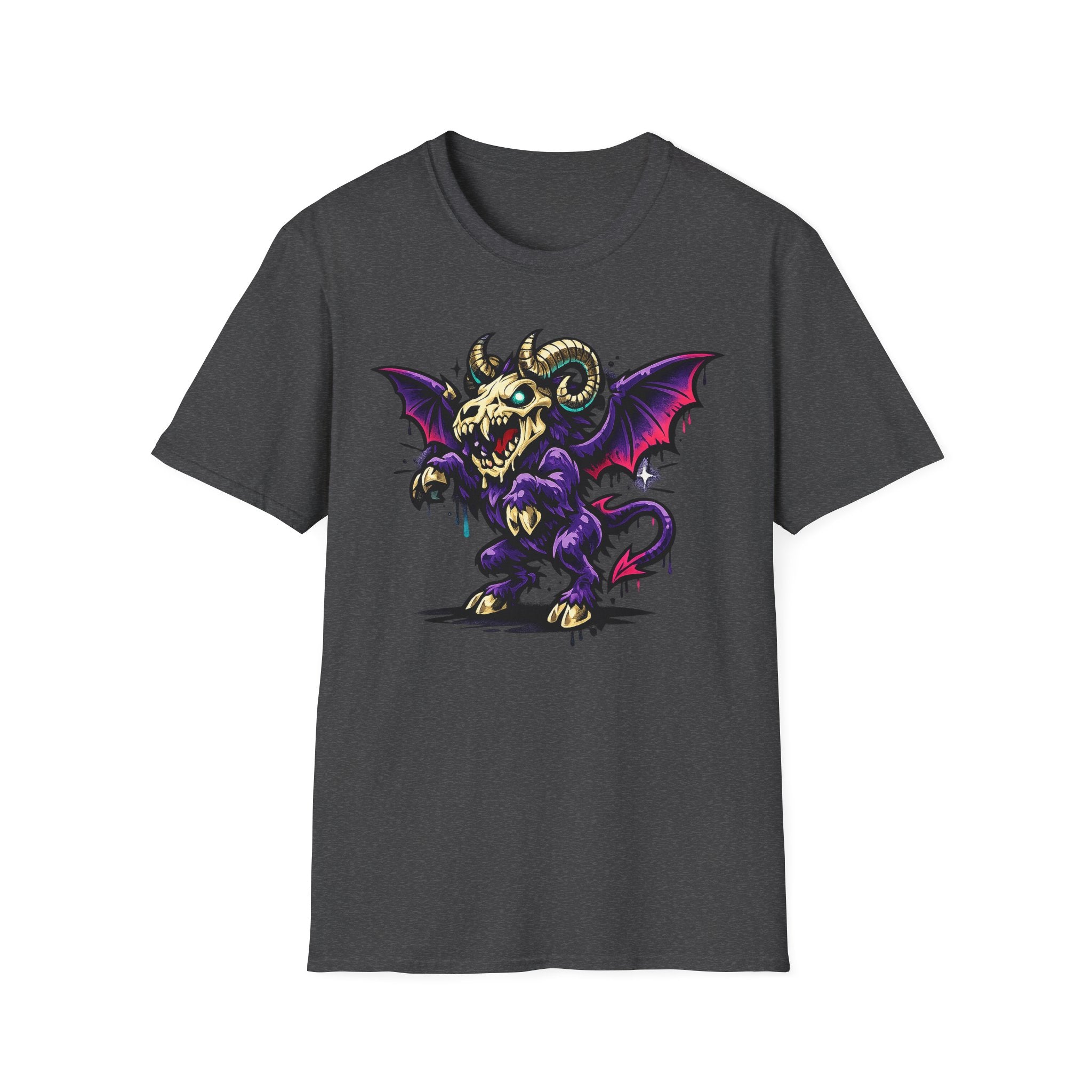 Dark heather graphic monster T-shirt with purple bat-winged skull ram front print