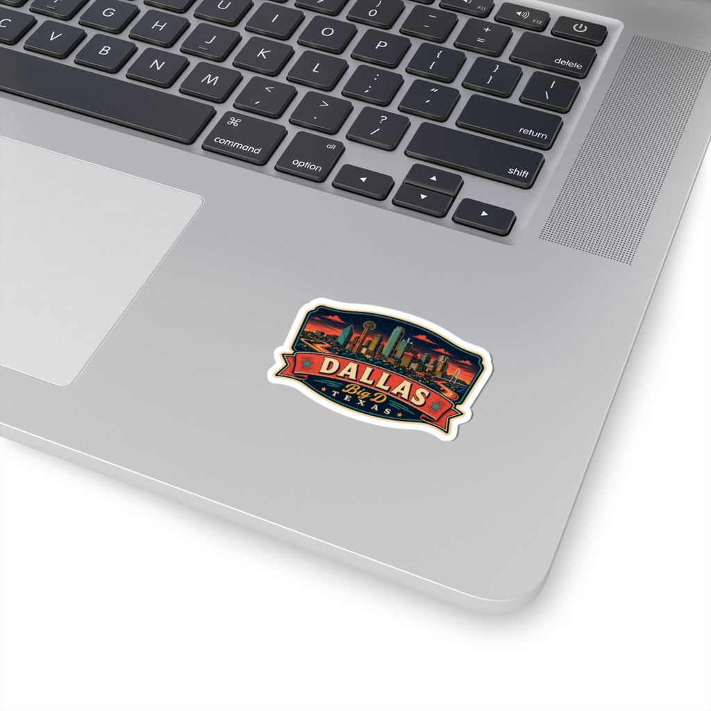 Dallas Texas luggage tag sticker with colorful skyline and bold lettering on white laptop